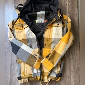 Burton Men’s Yellow and Gray Plaid Snowboard Jacket Small